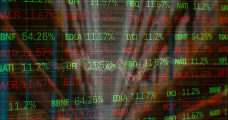 Image of financial data processing and stock market over empty warehouse