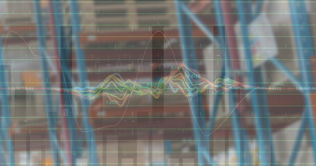 Image of financial data processing over empty warehouse