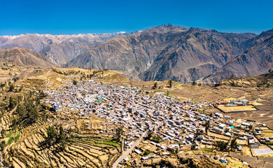 Aerial view of Cabanaconde town at the Colca Canyon in Peru