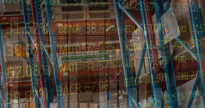 Image of financial data processing and stock market over empty warehouse