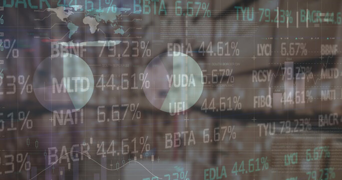 Image of financial data processing and stock market over empty warehouse