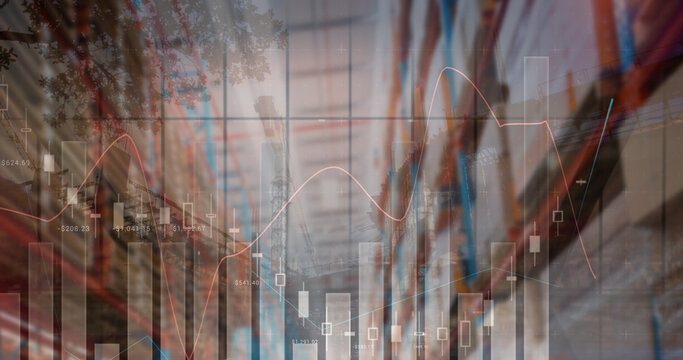 Image of financial data processing over empty warehouse