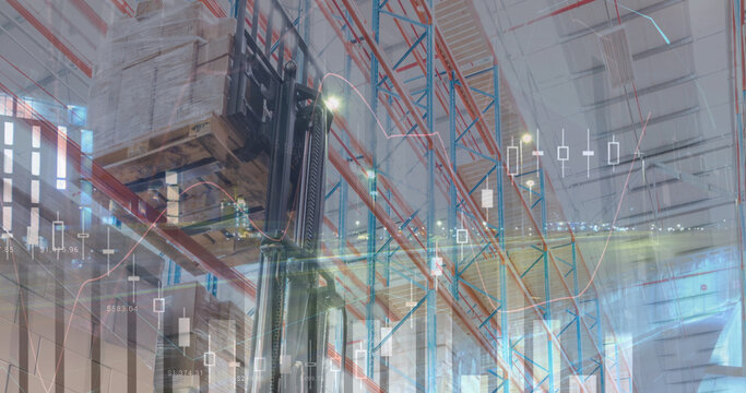Image of financial data processing over empty warehouse - Powered by Adobe