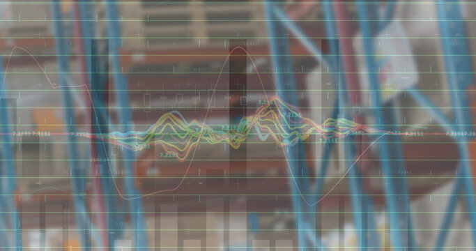 Image of financial data processing over empty warehouse