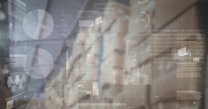 Image of financial data processing over empty warehouse - Powered by Adobe