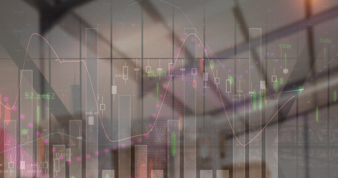 Image of financial data processing over empty warehouse