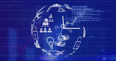 Digital image of globe of digital icons spinning over data processing against blue background