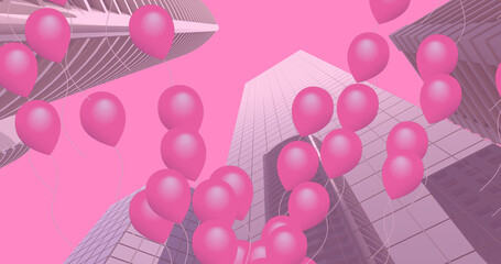 Digital image of multiple pink floating over 3d tall buildings model against pink background