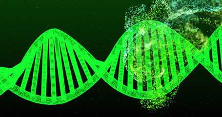 Image of dna strand and green spots on black background