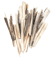 Dry tree twigs branches isolated on white background. pieces of broken wood plank. small wood chips close-up