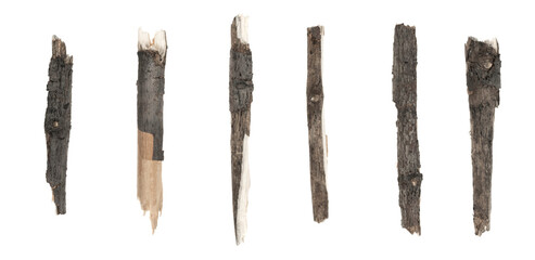 Dry tree twigs branches isolated on white background. set pieces of broken wood plank.  collage small wood chips close-up