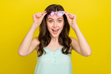 Photo of good mood overjoyed crazy lady see black friday shopping season bargains isolated on yellow color background