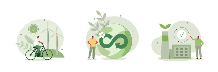 Circular economy illustration set. Sustainable economic growth with renewable energy and natural resources. Green energy, sustainable industry and manufacturing concept. Vector illustration.
