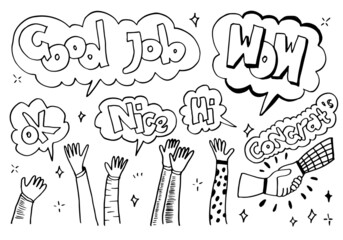 Applause hand draw on white background with good job, wow, nice, congrats, ok, hi text.vector illustration.