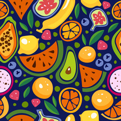 Tropical fruits pattern. vector pattern of stylized watermelons, avocados, oranges, bananas, figs, papaya and other fruits.
