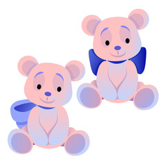 Two cute teddy bears are sitting with different bows