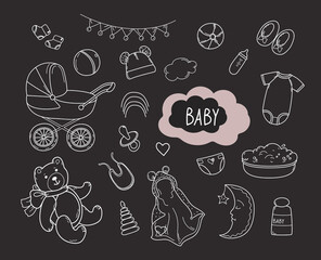 Set of hand drawn baby boy and girl. Cartoon sketch style chalk doodle for icon, banner. 