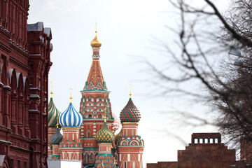 View to the Red square in Moscow, domes of St. Basil's Cathedral and Lenin mausoleum