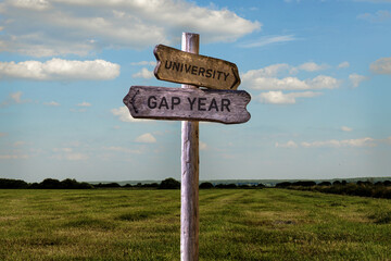 Gap year or university signpost outside. Graduation decision making process. - obrazy, fototapety, plakaty