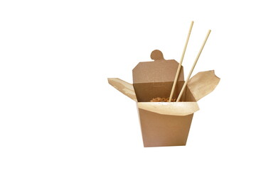 fried yakisoba Japanese noodles slice pork bacon and cabbage in box on white background