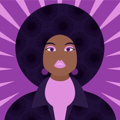 Ilustración de mujer negra guapa y poderosa. Jóven afroamericana. Vista frontal. Fondo morado.