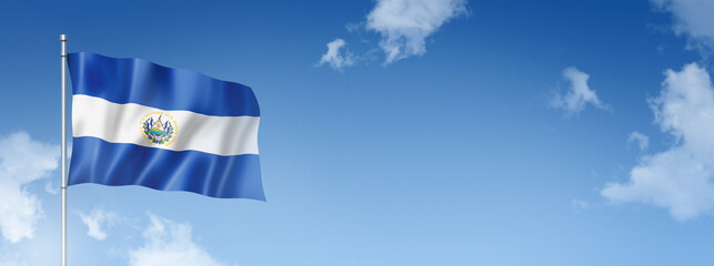 Salvadoran flag isolated on a blue sky. Horizontal banner