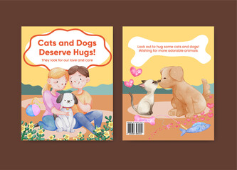 Cover book template with cute dog and cat hugging concept,watercolor style