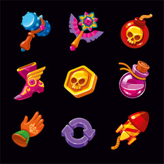 Booster Icons in fantasy style. Set for computer Mobile Game. For use in a Matc3 game. Bright isolated symbols  