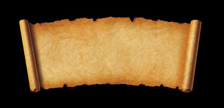 Old paper horizontal banner. Parchment scroll isolated on black
