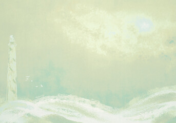 海と空と雲・ヴィンテージタイル風の波と灯台背景イラストソフトミントグリーン