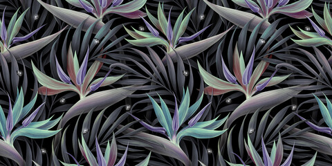 Neon mystic seamless pattern. Vintage strelitzia flowers, palm leaves, night fireflies. Luxury wallpaper, dark mural, cloth, curtains, poster, paper. 3d illustration, black background, premium texture