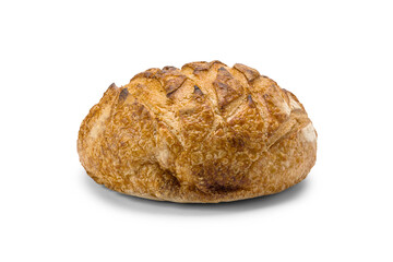 Loaf of freshly baked wheat bread isolated on white background.