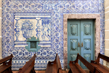azulejos on the wall inside the Church Igreja de São João Evangelista in Evora, Portugal