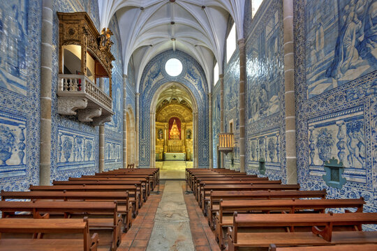 azulejos on the wall inside the Church Igreja de S&atilde;o Jo&atilde;o Evangelista in Evora, Portugal