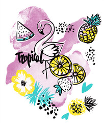 Abstract drawing for t-shirts with pink flamingo and summer fruits