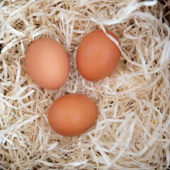 three Easter red eggs in beige hay in a box