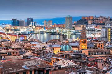 Genova, Italy Downtown Skyline with Historic Towers - obrazy, fototapety, plakaty