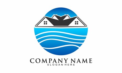 Home with sea illustration vector logo