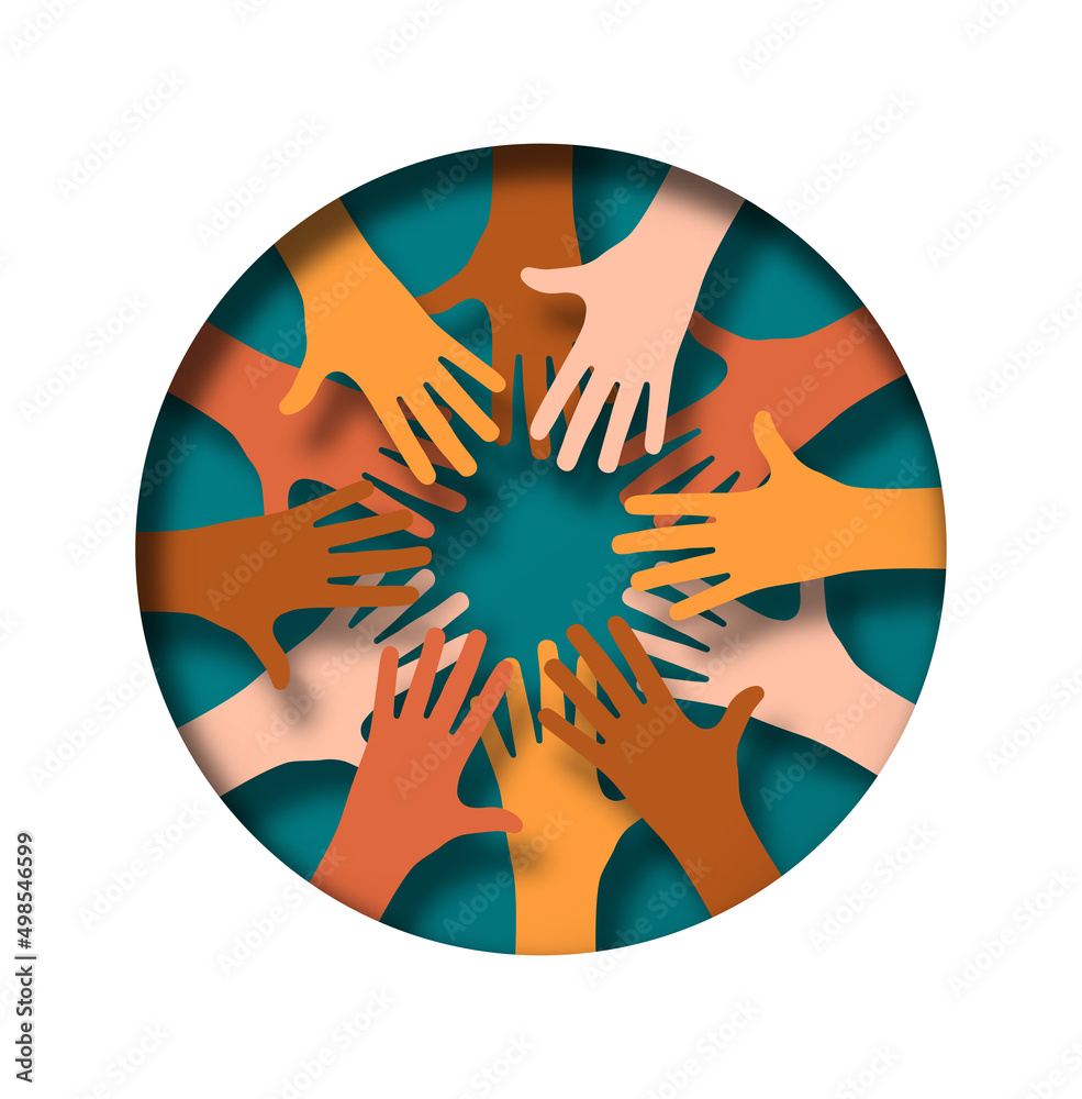 Wall mural paper cut diverse people hand team raised up together inside circle shape. multi-ethnic teamwork sup