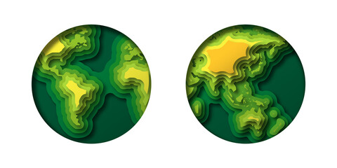 Colorful paper cut earth planet map on isolated white background. Green 3d papercut layered globe sphere illustration with america and asia continent for environment care or international concept.