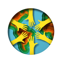 Paper cut people hand team raised up together inside world map circle. Teamwork support for earth care or international help group illustration concept. Realistic 3d papercut design.