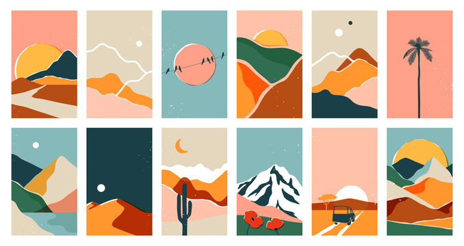Big set of abstract mountain landscape banner collection. Trendy flat collage art style backgrounds of diverse vintage travel scenery. Nature environment, winter biome, multicolor hills, desert dunes.