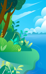 Fototapeta na wymiar Boy fishing by the lake in summer with trees and plants in the distance, vector illustration