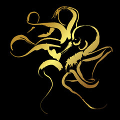 Octopus ,Golden brush stroke painting over black background