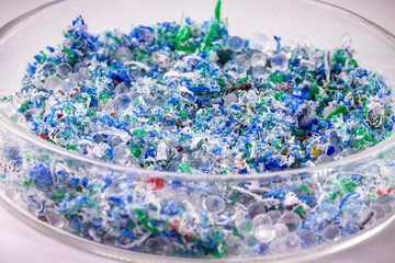 traces of plastic and microplastic in petri dishes, the main pollutant of the oceans, solid...