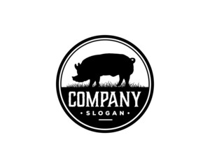Livestock Pig Animal Farm Vintage Circle Logo Emblem Vector