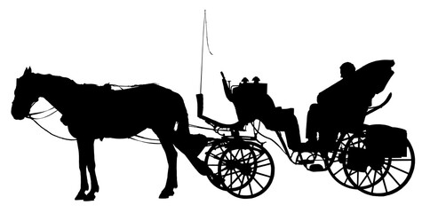 Old carriage pulled by a stationary horse - black figure and silhouette isolated on white background for easy selection