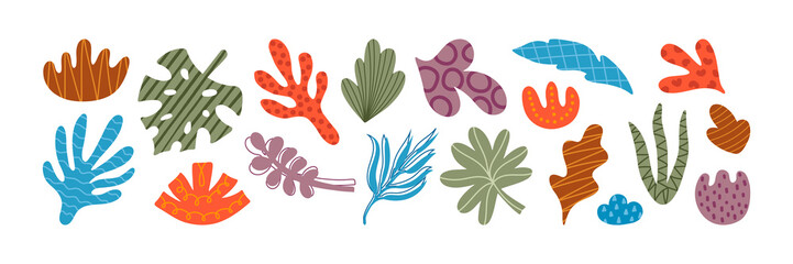 Colorful Vector Organic Doodle Shapes Set. Simple abstract natural freehand textured elements. Botanical nature objects. Leaves, flowers, branch icons for design, social media, sticker, web.