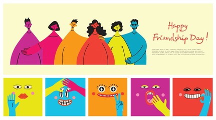 Background with happy diverse hugging people. Concept of friendship day, unity. Celebration or congratulation of multiracial students or friends.