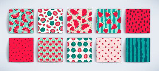 Vector watermelons hand drawn seamless patterns set. Cute summer fresh fruits print. Watermelon red slices, half sliced and whole watermelons repeat textures collection for fabric design, background.